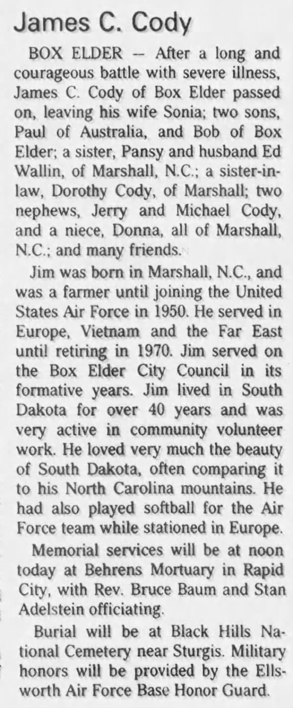 James C. Cody Rapid City Journal page 10 Rapid City, South Dakota 30 Oct 1997 Thursday